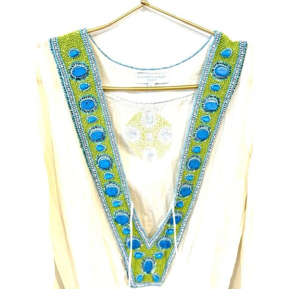 Elizabeth Hurley Beach White Swim Cover Tunic Blue Green Beads Small - Picture 2 of 9